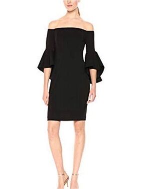 ✨NWT✨Calvin Klein | Black Cocktail Off-Shoulder Bell-Sleeve Sheath Dress Sz 6
